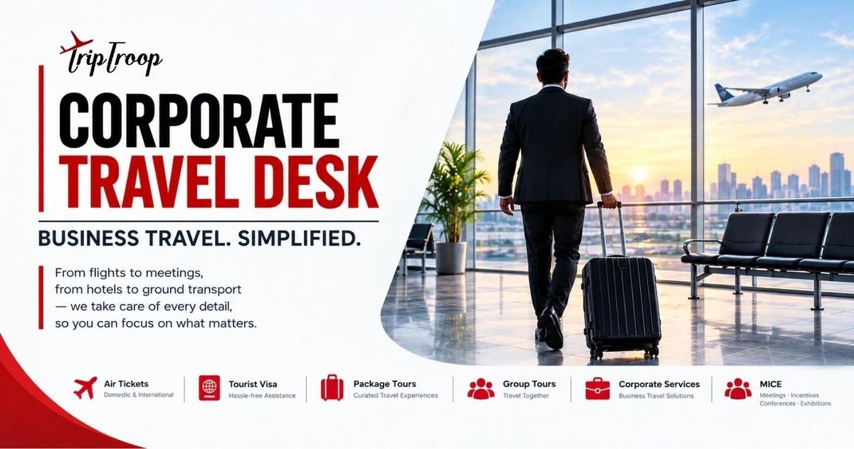 Trip Troop Corporate Travel Desk: business travel, simplified. A traveller with a suitcase walks through an airport terminal.